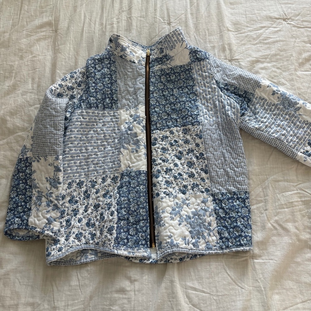 Blue & White Patchwork Quilted Zip Jacket - image 2